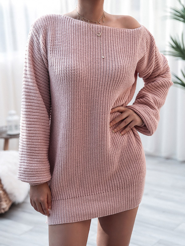 Pink Boat Neck Knitted Dress