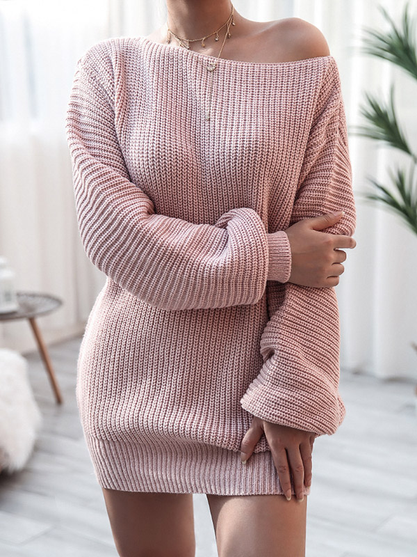 Pink Boat Neck Knitted Dress