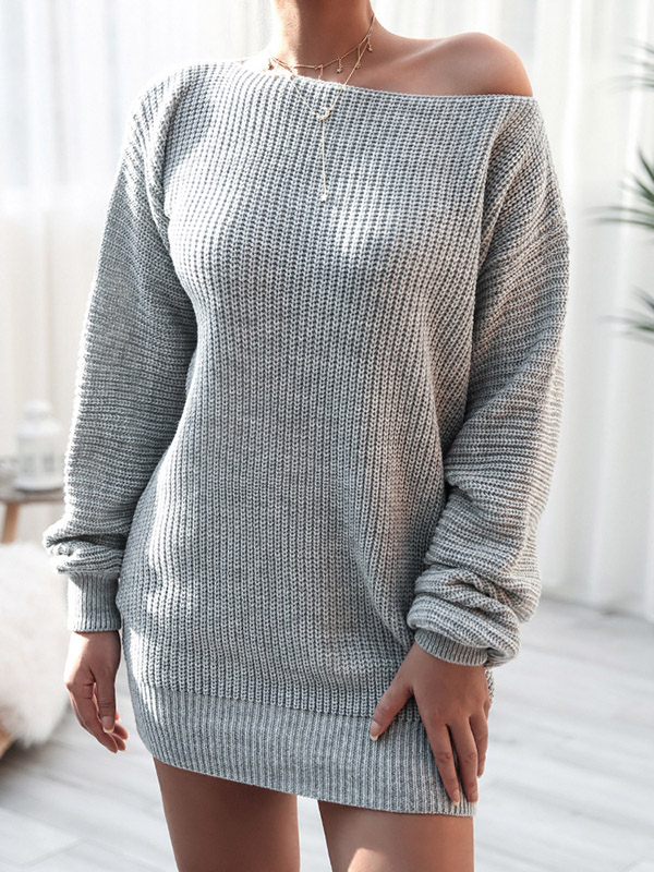 Grey Boat Neck Knitted Dress