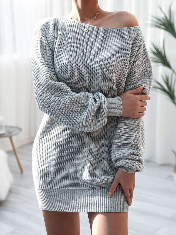 Grey Boat Neck Knitted Dress