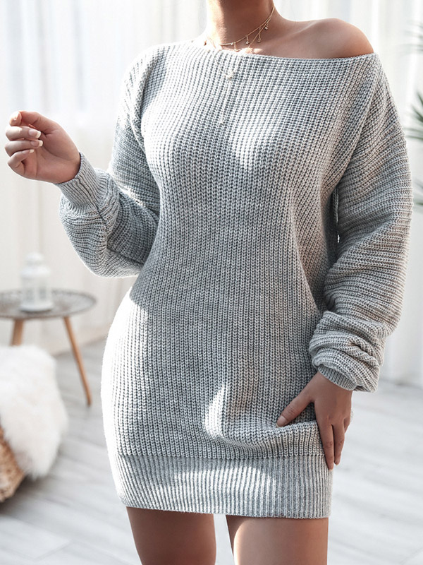 Grey Boat Neck Knitted Dress