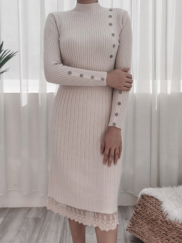 Apricot Stand Collar Ribbed Knit Dress 