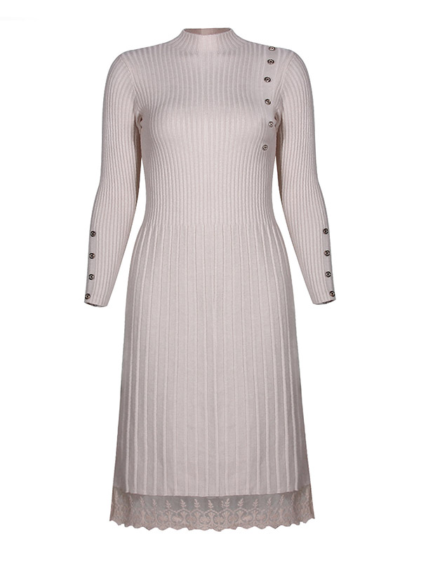 Apricot Stand Collar Ribbed Knit Dress 