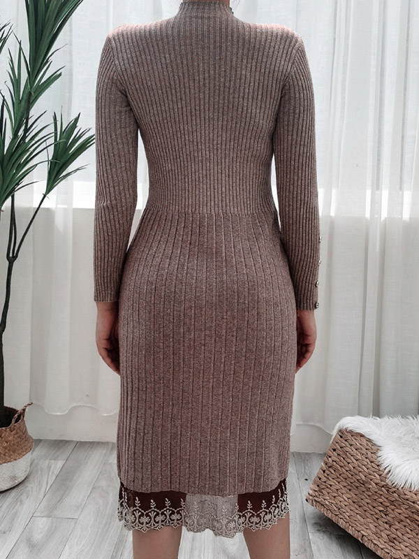 Khaki Stand Collar Ribbed Knit Dress 