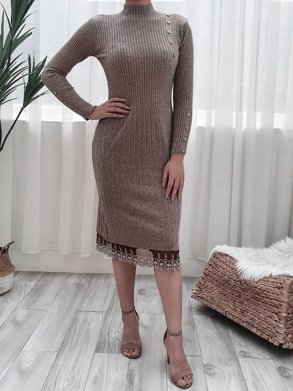 Khaki Stand Collar Ribbed Knit Dress 