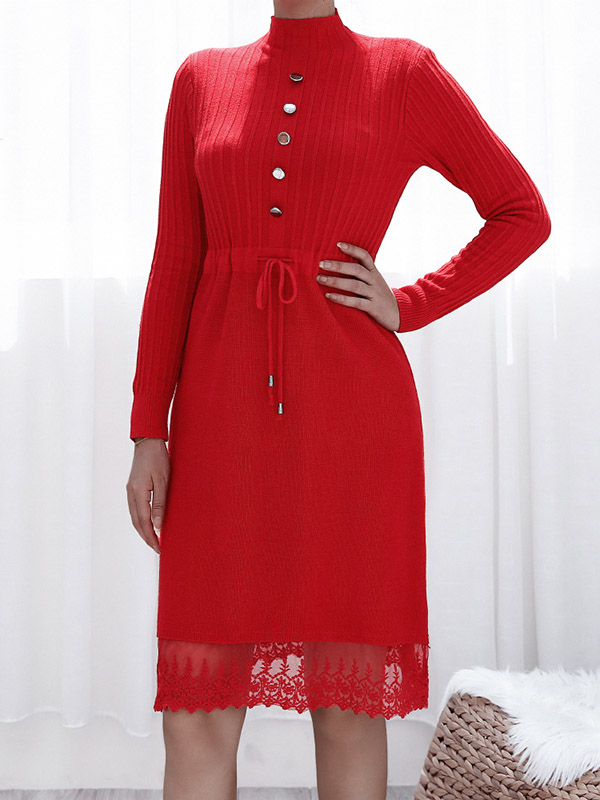 Red Stand Collar Ribbed Knit Dress with Button Detail