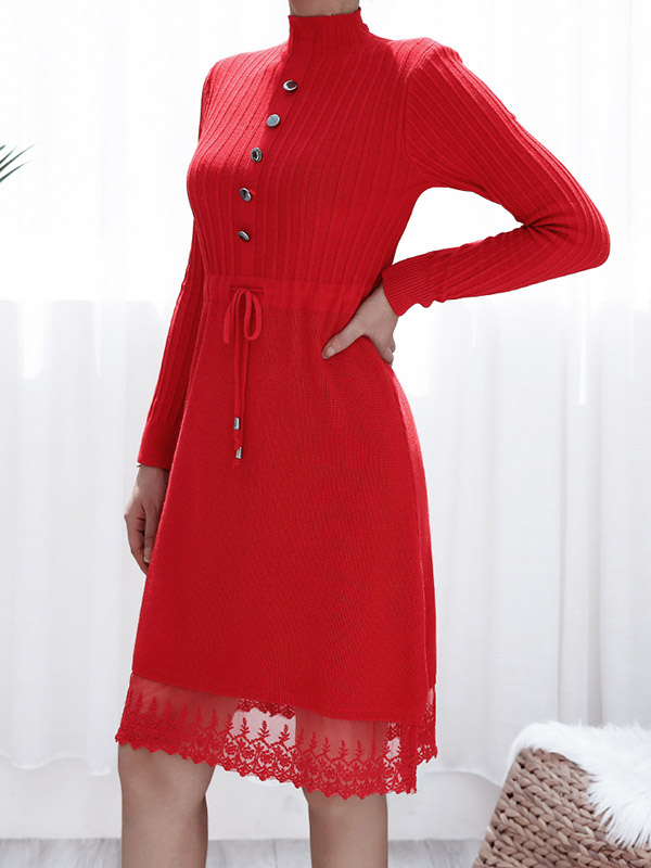 Red Stand Collar Ribbed Knit Dress with Button Detail