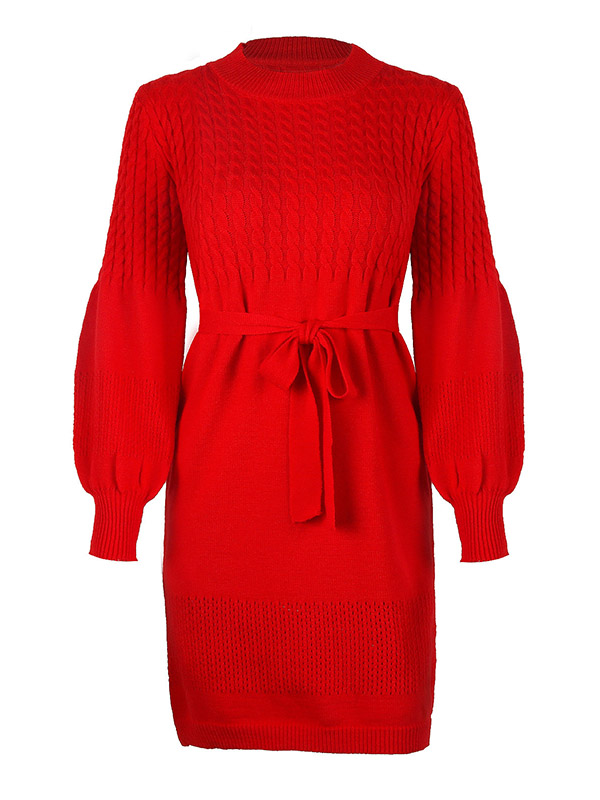 Red Stand Collar Lattern Sleeve Mini Dress