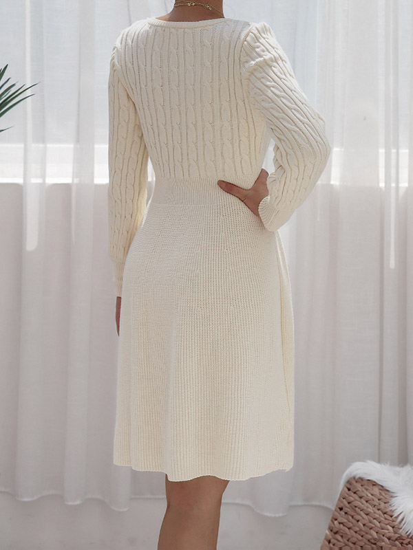 Beige Round Neck A-line Knitted Skater Dress