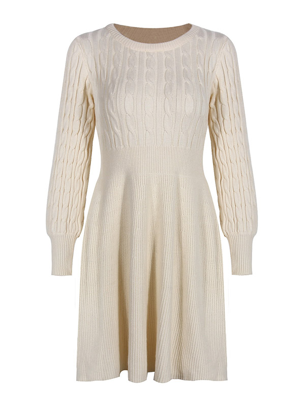 Beige Round Neck A-line Knitted Skater Dress