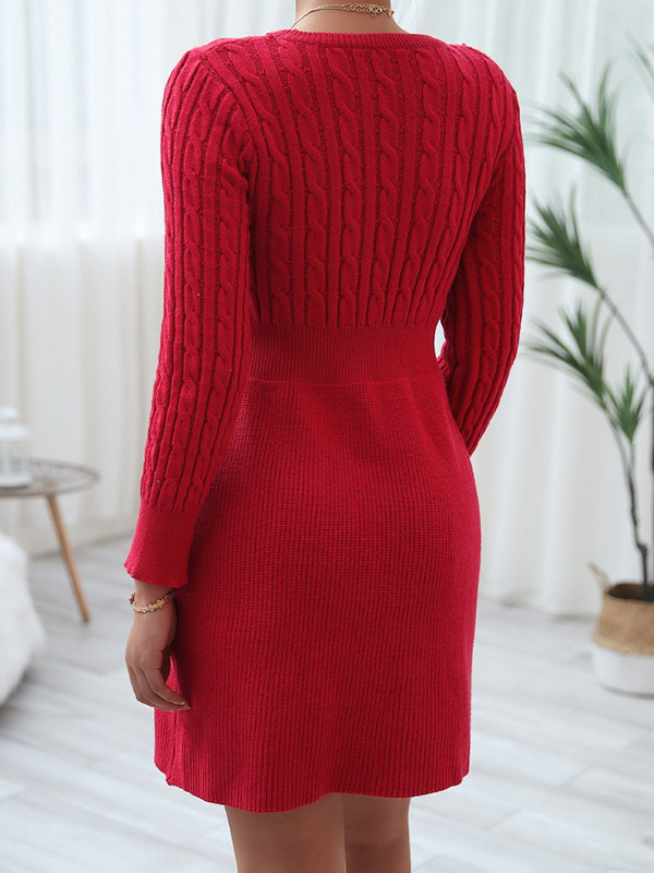 Red Round Neck A-line Knitted Skater Dress