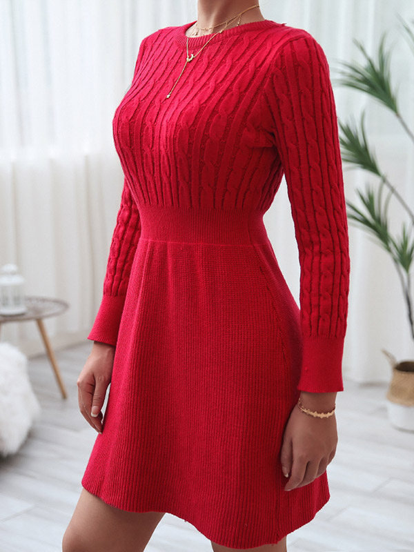 Red Round Neck A-line Knitted Skater Dress