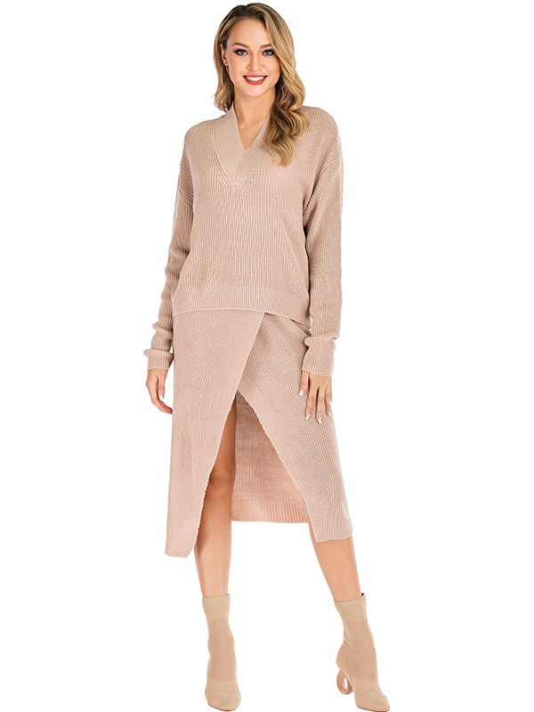 Khaki V Neck Sweater & Midi Dress 2 Piece Set