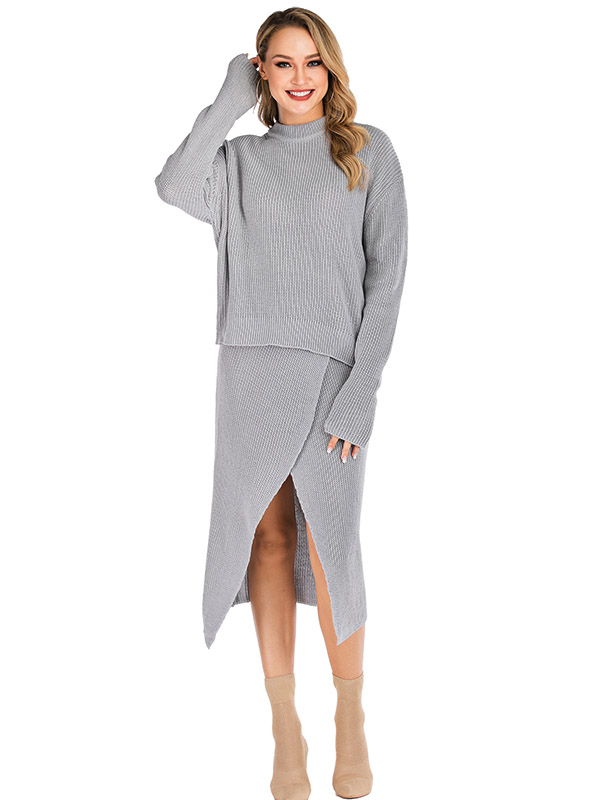 Grey Round Neck Sweater & Midi Dress 2 Piece Set