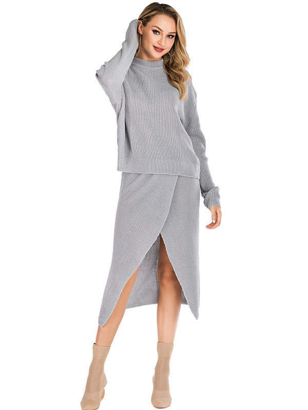 Grey Round Neck Sweater & Midi Dress 2 Piece Set