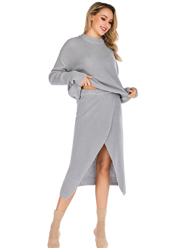 Grey Round Neck Sweater & Midi Dress 2 Piece Set