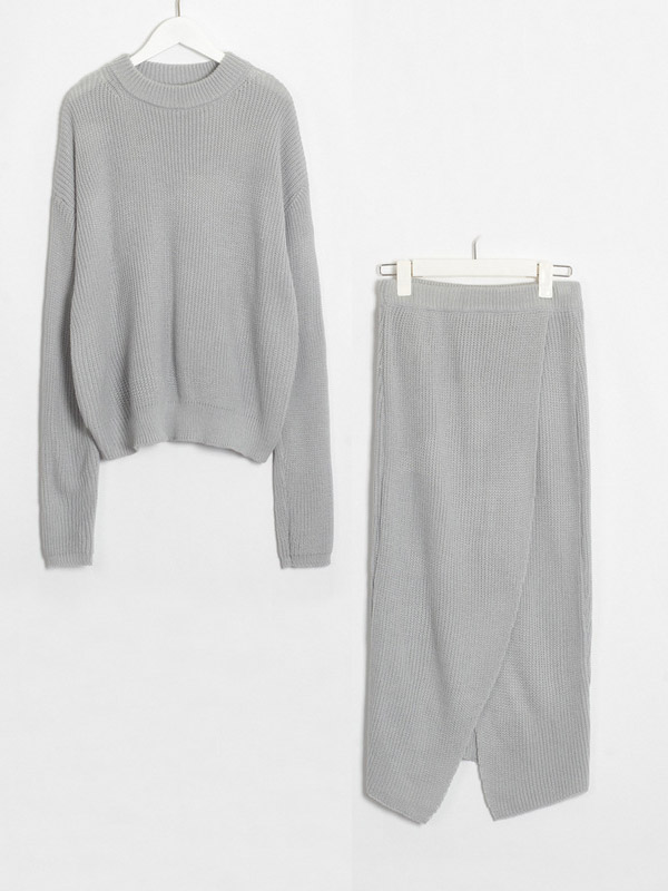 Grey Round Neck Sweater & Midi Dress 2 Piece Set