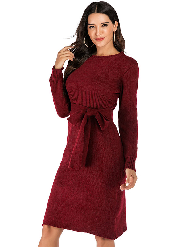 Burgundy Round Neck Tie Waist Midi Dress