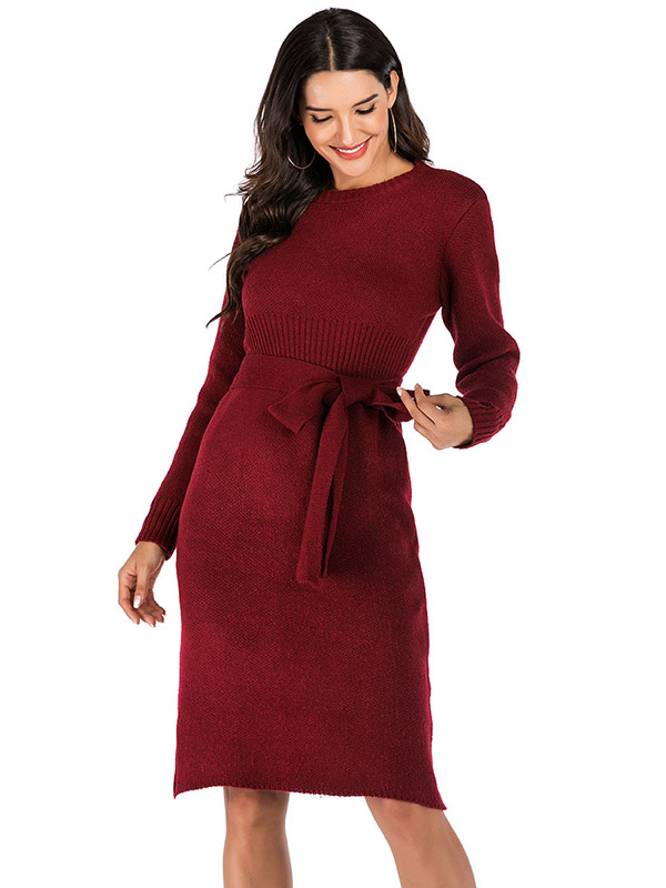 Burgundy Round Neck Tie Waist Midi Dress