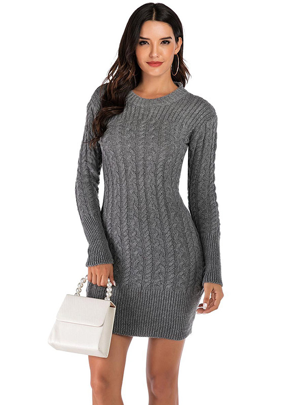 Grey Round Neck Cable Knit Midi Dress