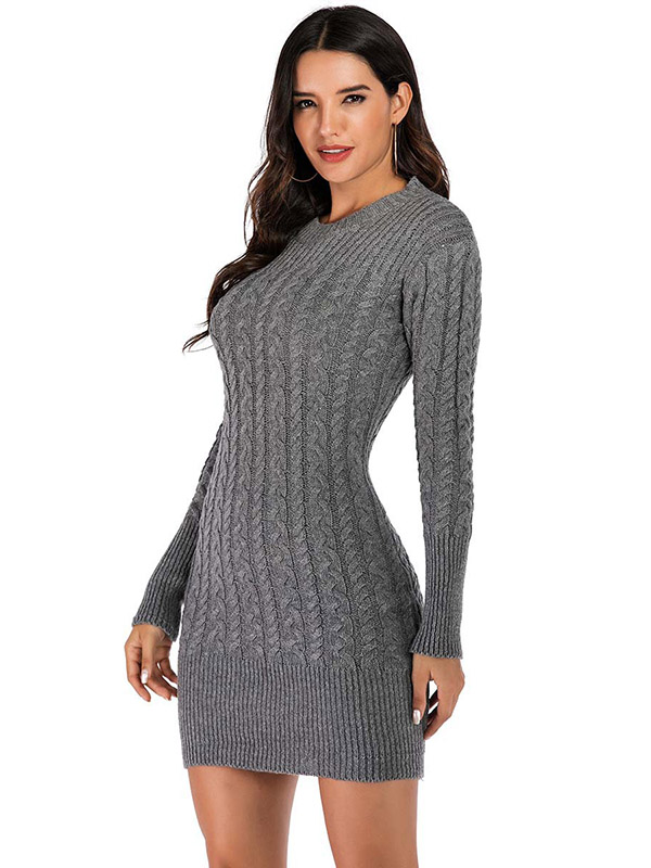 Grey Round Neck Cable Knit Midi Dress