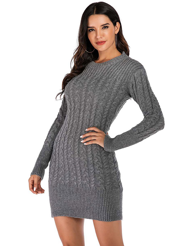 Grey Round Neck Cable Knit Midi Dress