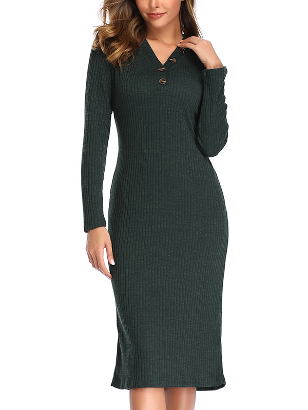 Green V Neck Knit Midi Dress with Button Decoration