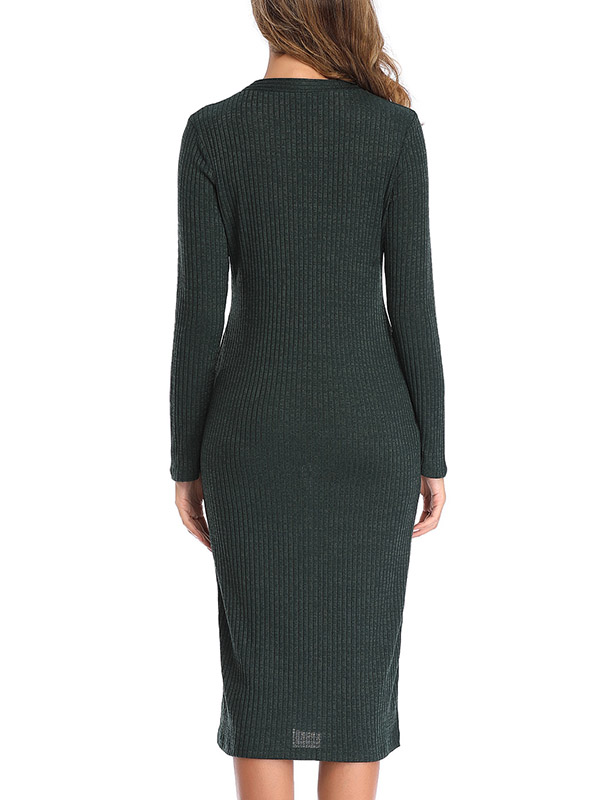 Green V Neck Knit Midi Dress with Button Decoration