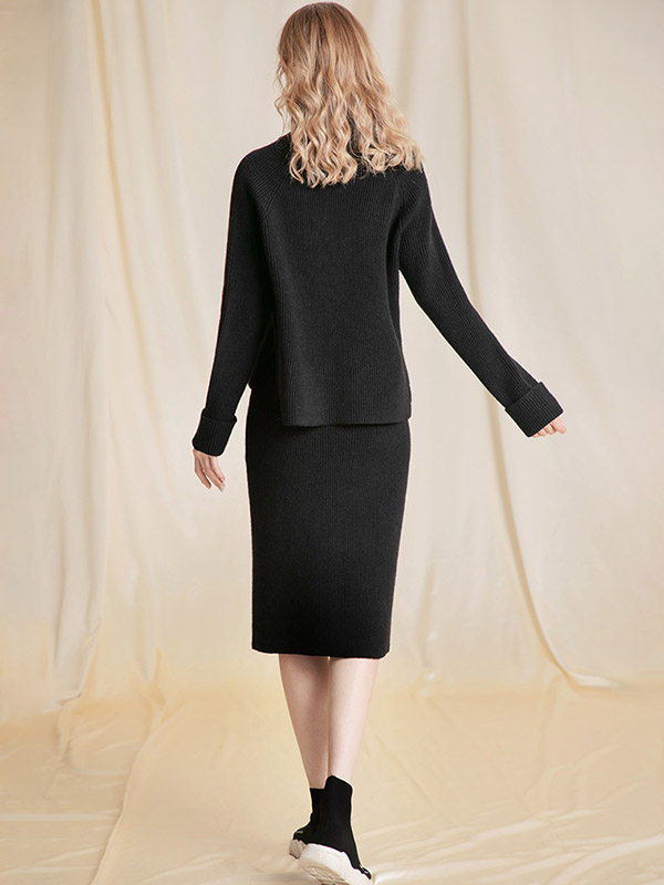 Black Roll Neck Knit Top with Split Skirt 2 Piece Sets