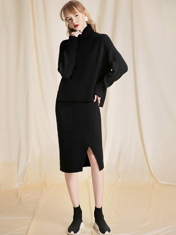 Black Roll Neck Knit Top with Split Skirt 2 Piece Sets