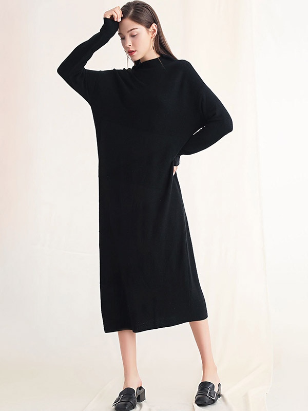 Black Roll Neck Shift Knitted Dress