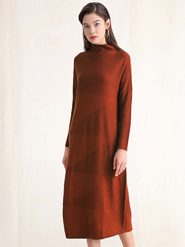 Brick Red Roll Neck Shift Knitted Dress