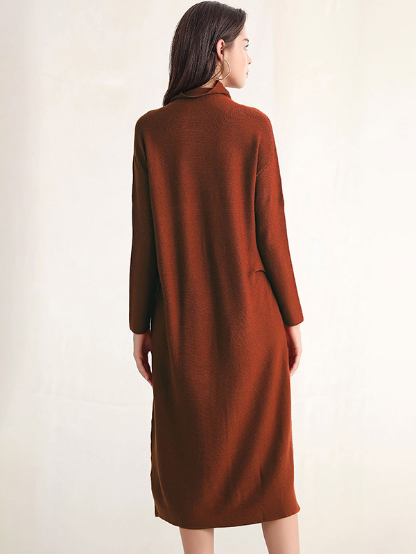 Brick Red Roll Neck Shift Knitted Dress