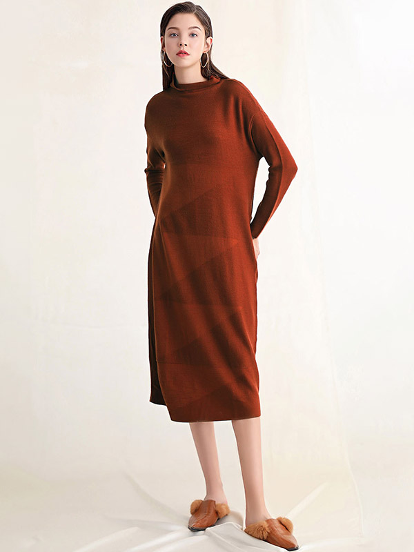 Brick Red Roll Neck Shift Knitted Dress