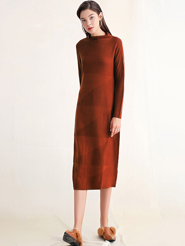 Brick Red Roll Neck Shift Knitted Dress