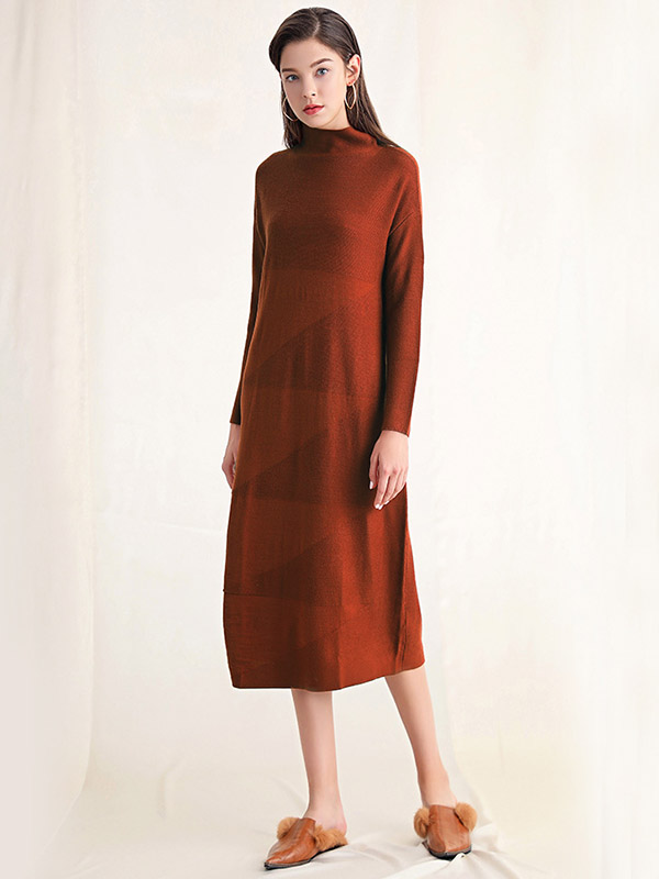 Brick Red Roll Neck Shift Knitted Dress