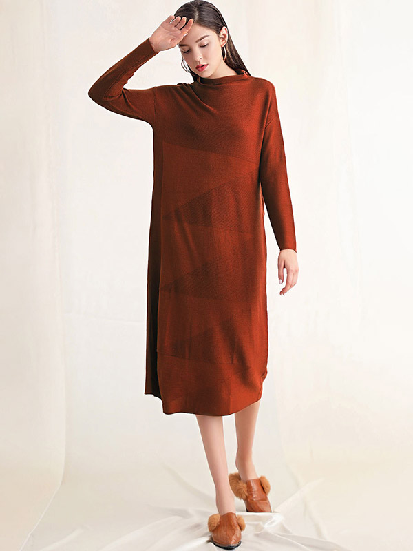 Brick Red Roll Neck Shift Knitted Dress