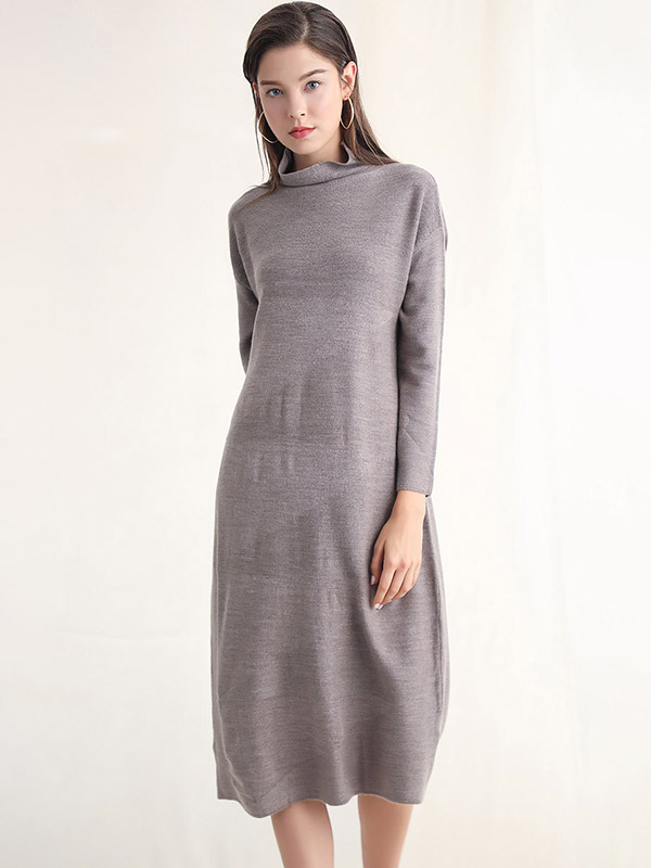 Grey Roll Neck Shift Knitted Dress