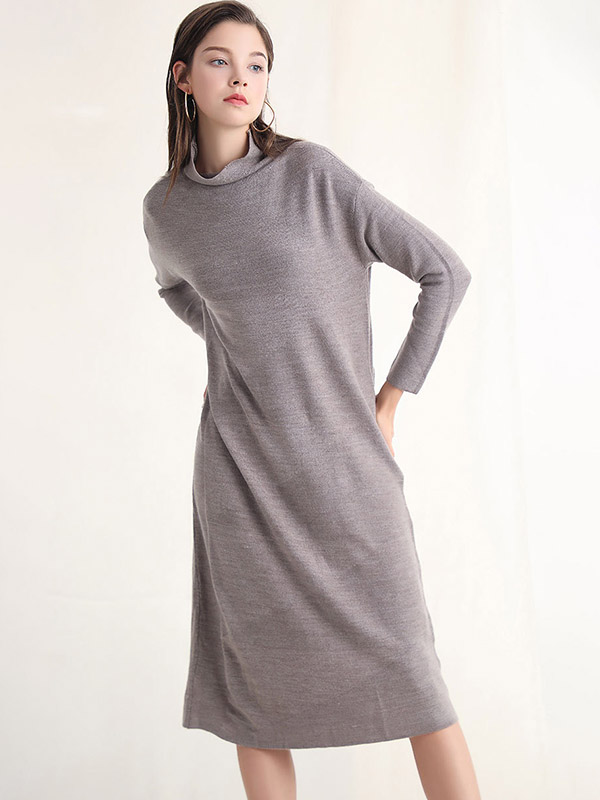 Grey Roll Neck Shift Knitted Dress