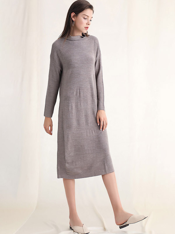 Grey Roll Neck Shift Knitted Dress