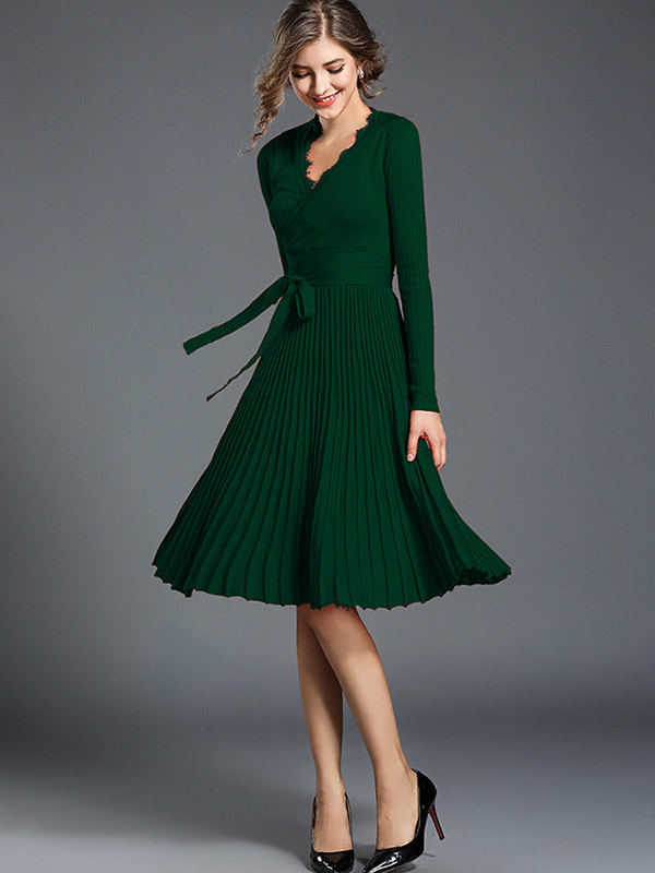 Green V Neck Tie Waist Wrap Dress