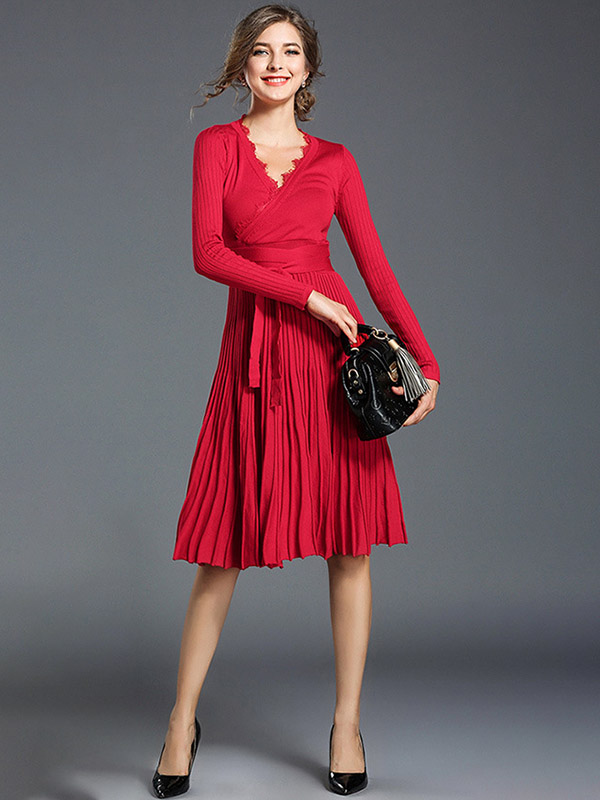 Red V Neck Tie Waist Wrap Dress