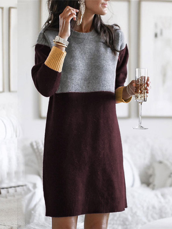 Burgundy Color Block Striped Knitted Dress