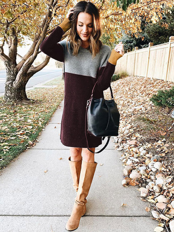 Burgundy Color Block Striped Knitted Dress