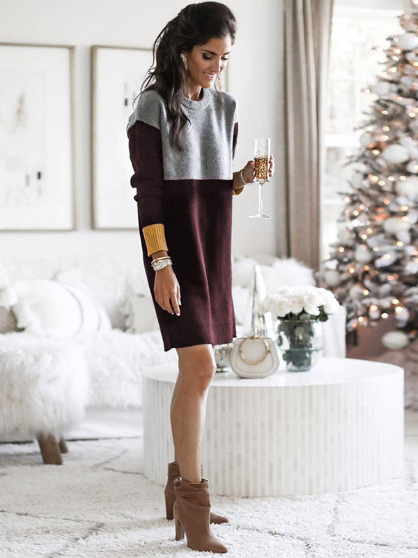 Burgundy Color Block Striped Knitted Dress