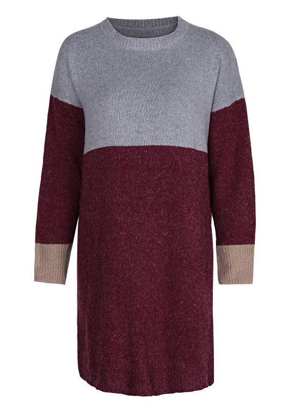 Burgundy Color Block Striped Knitted Dress