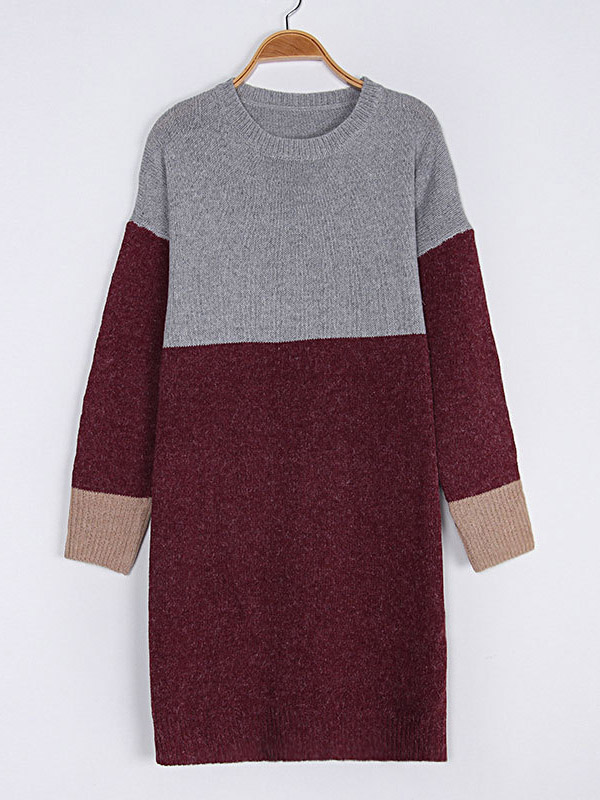 Burgundy Color Block Striped Knitted Dress