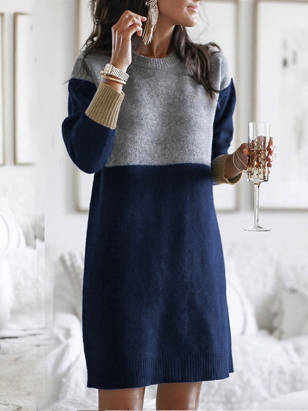 Navy Blue Color Block Striped Knitted Dress