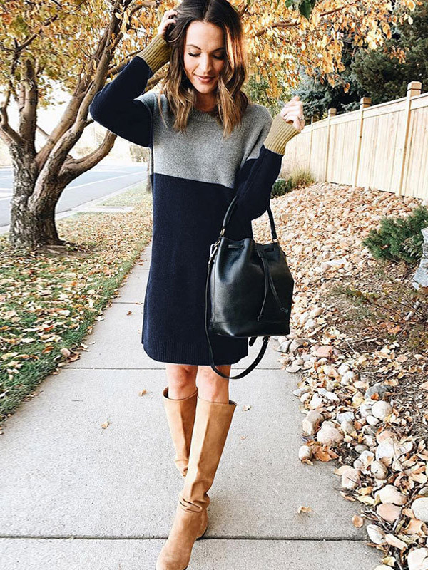 Navy Blue Color Block Striped Knitted Dress