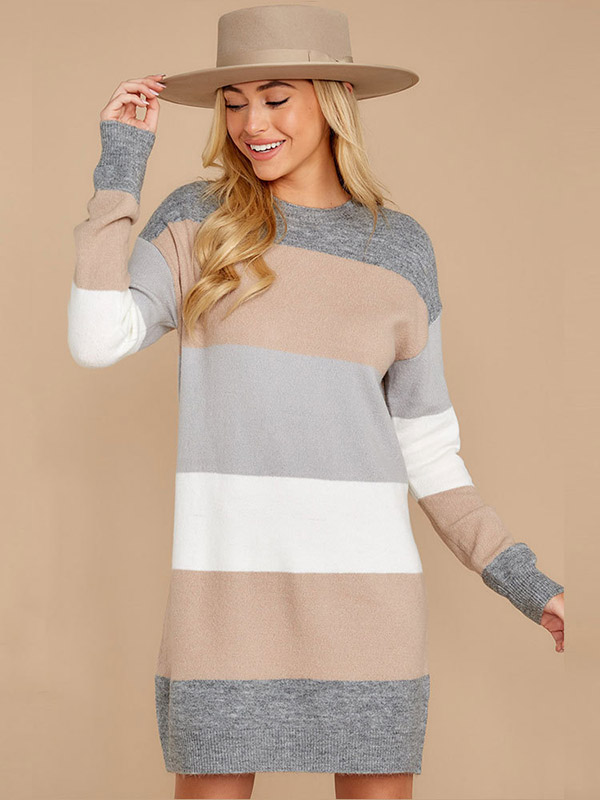 Grey Color Block Striped Knitted Dress